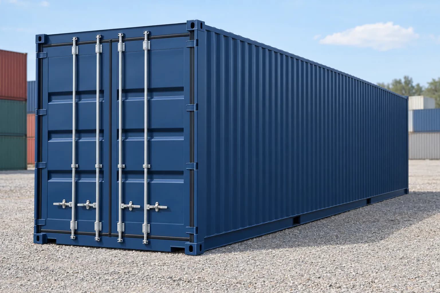 Contenedor marítimo 40 pies High Cube primer viaje, vista de tres cuartos