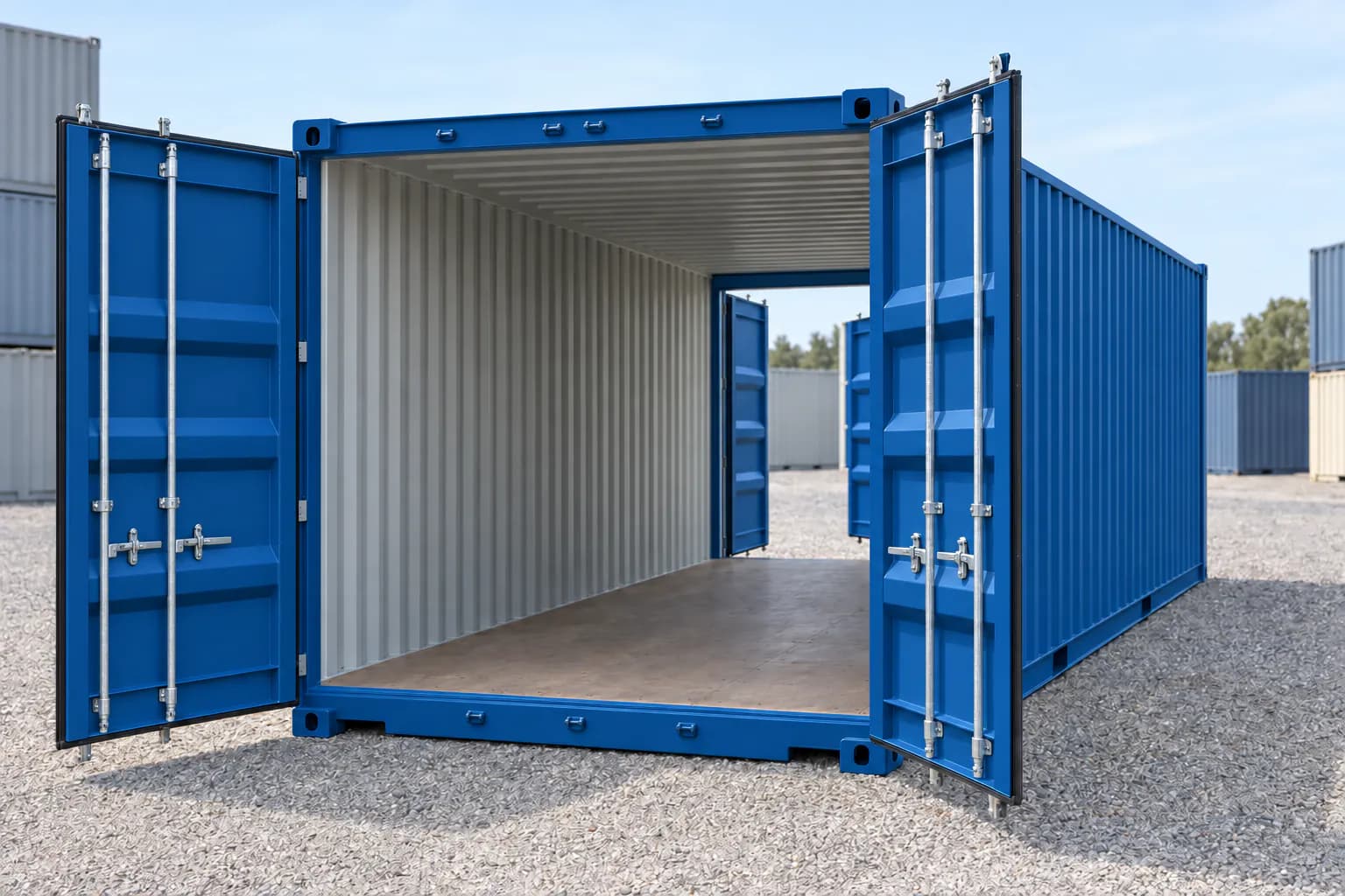 Contenedor marítimo 20 pies doble puerta primer viaje azul genciana RAL 5010