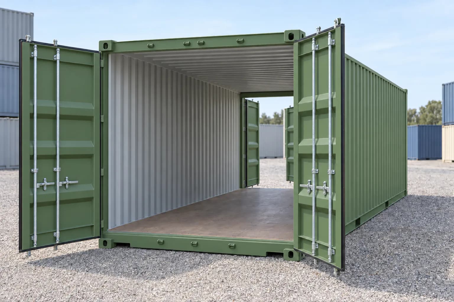 Contenedor marítimo 20 pies doble puerta primer viaje verde reseda RAL 6011