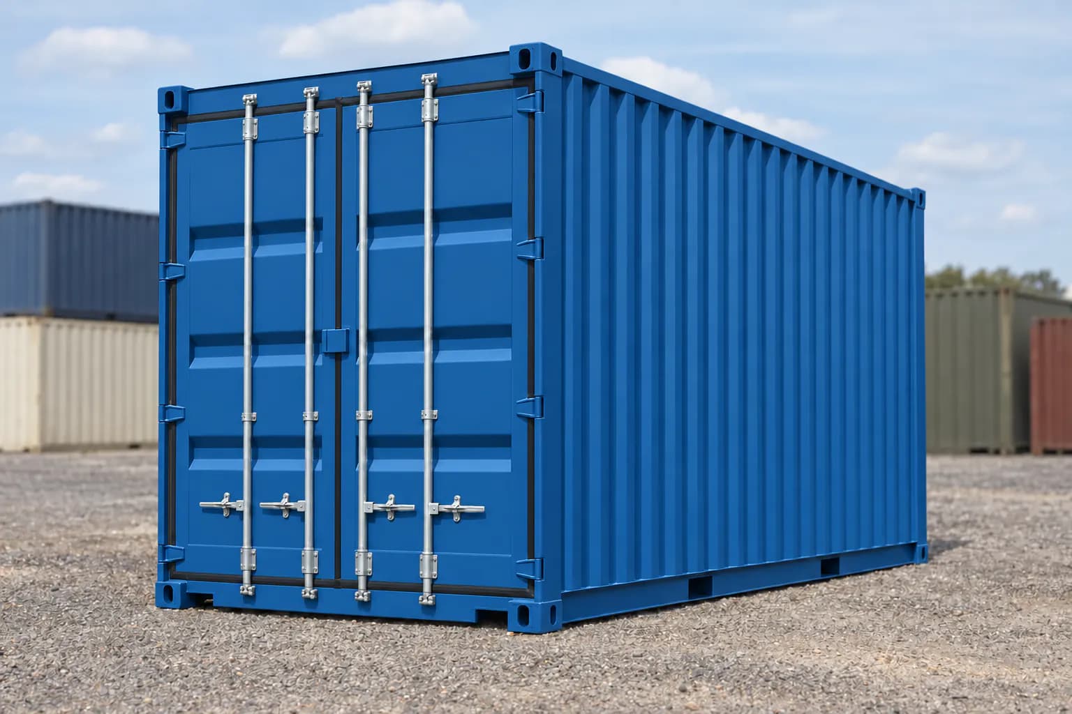 Contenedor marítimo 20 pies High Cube primer viaje azul genciana RAL 5010
