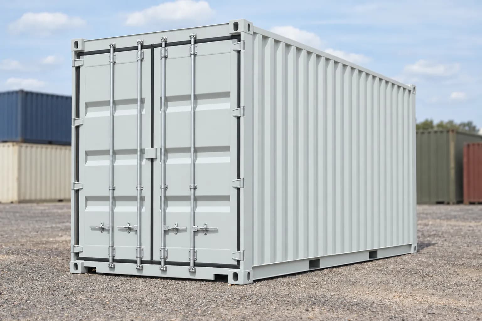 Contenedor marítimo 20 pies High Cube primer viaje gris luminoso RAL 7035