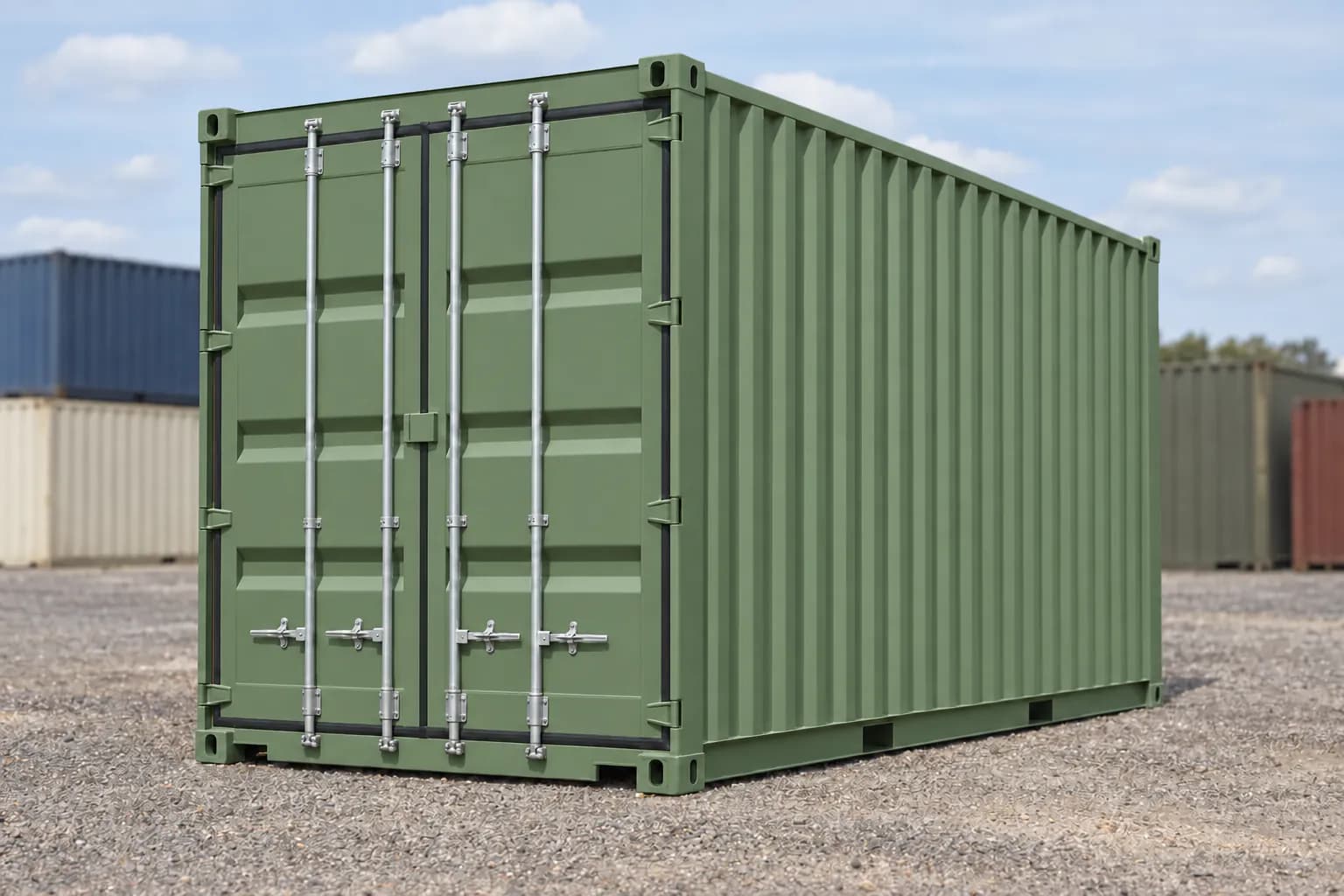Contenedor marítimo 20 pies High Cube primer viaje verde reseda RAL 6011
