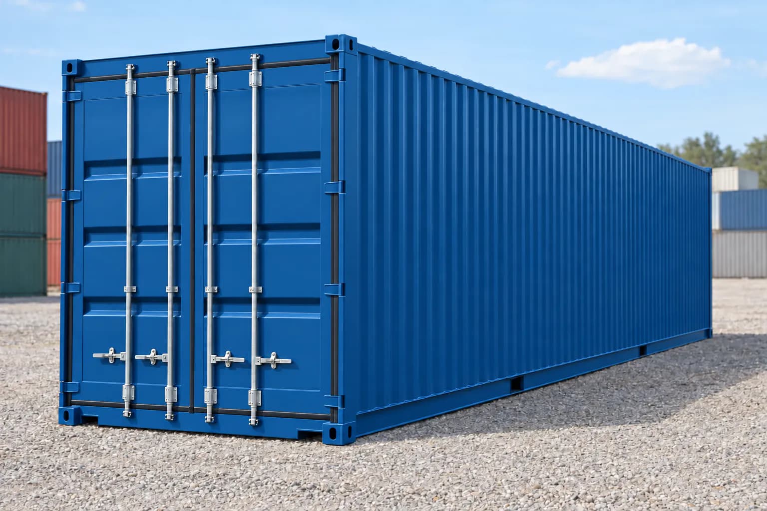 Contenedor marítimo 40 pies High Cube primer viaje azul genciana RAL 5010