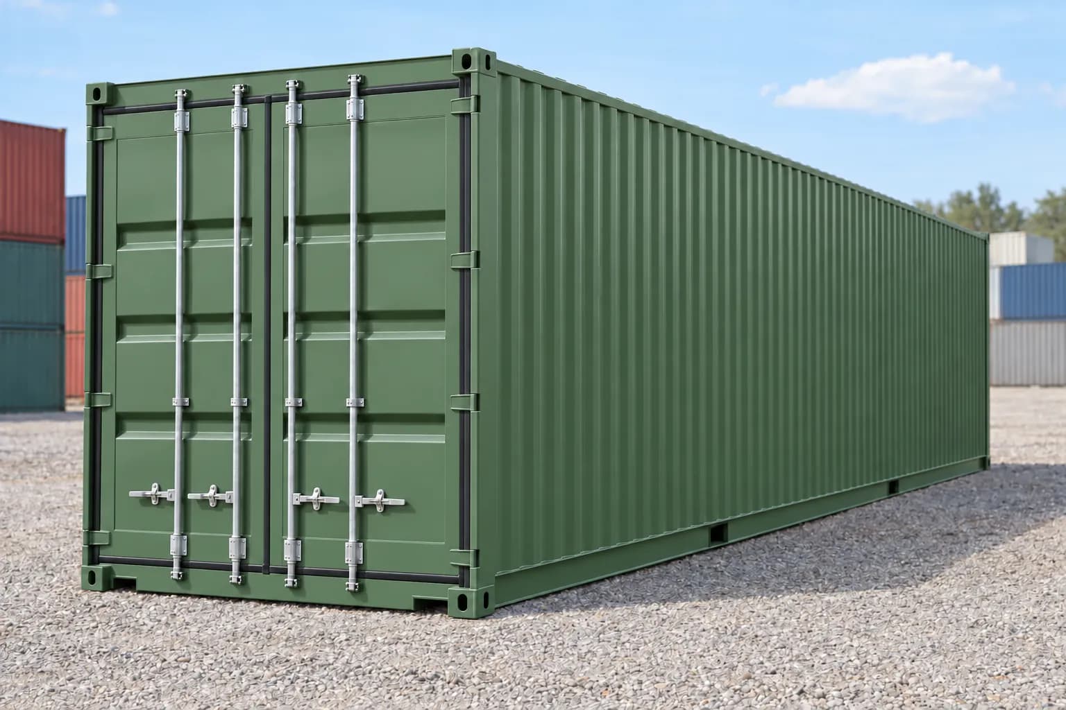 Contenedor marítimo 40 pies High Cube primer viaje verde reseda RAL 6011