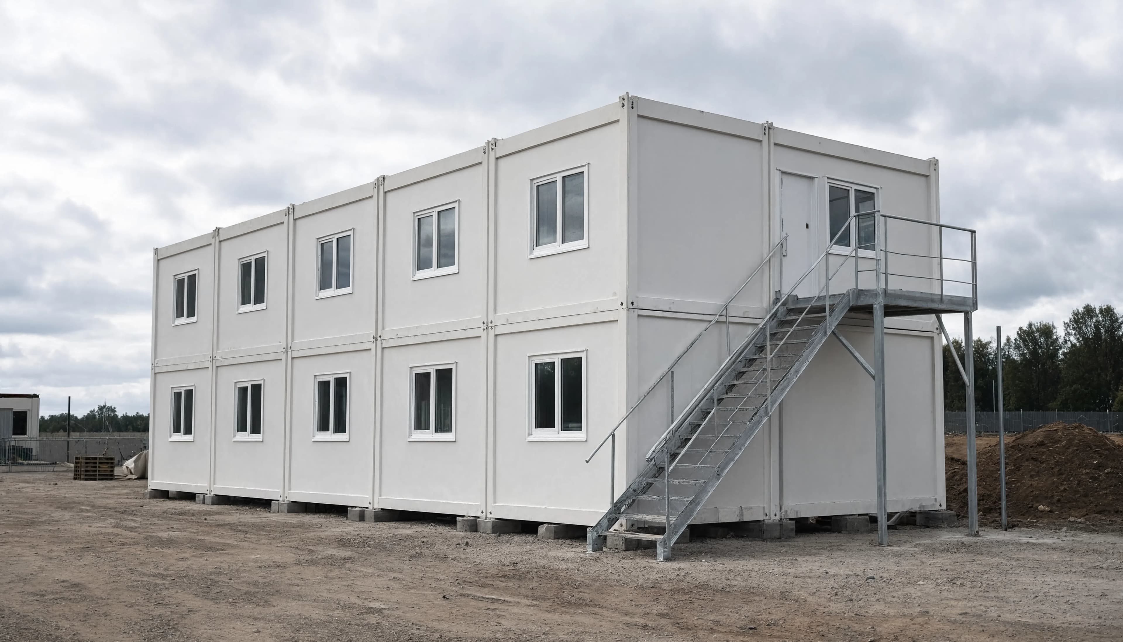Ilustración de un campamento de obra modular con oficinas y escalera exterior en una obra