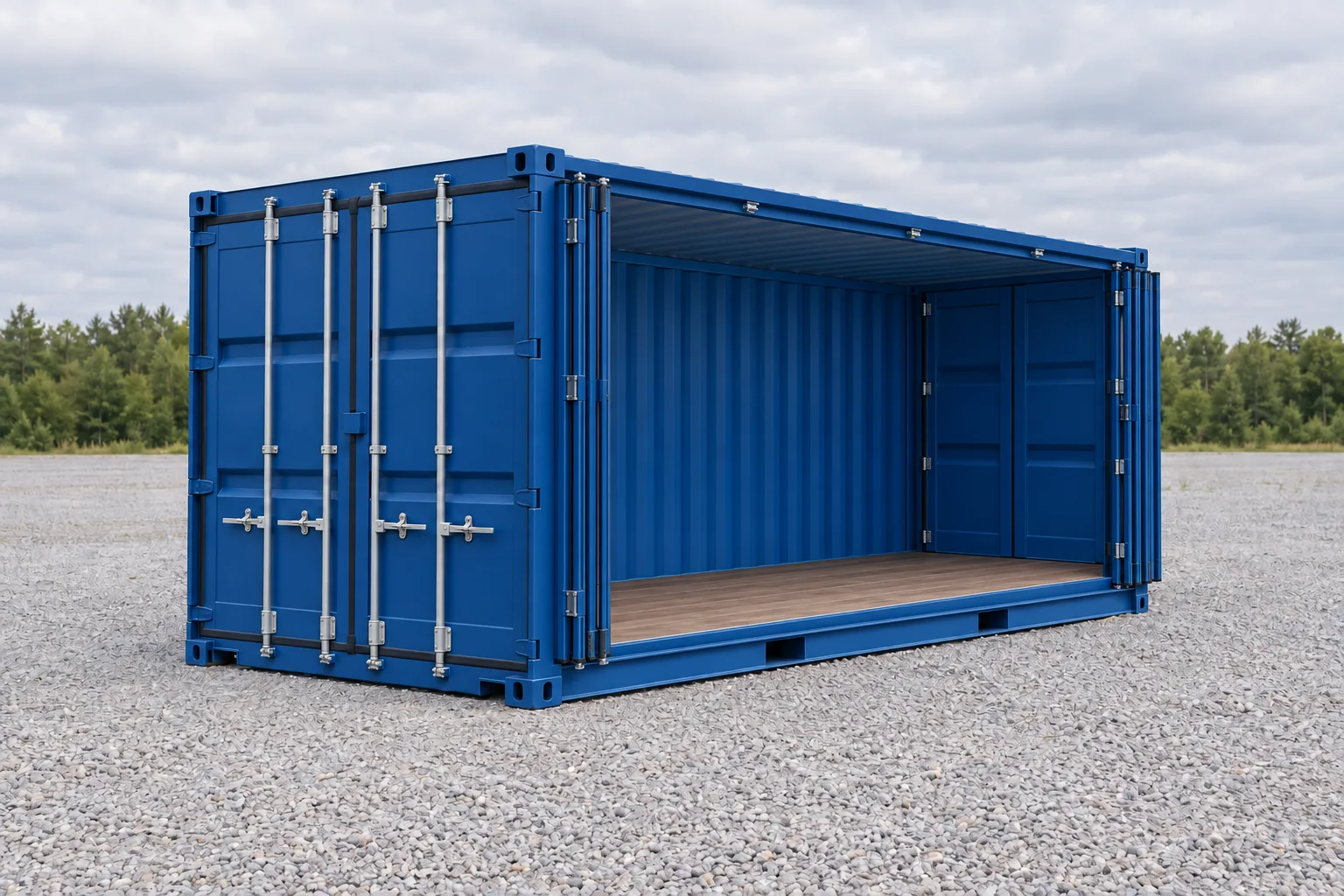 Ilustración de un contenedor de 20 pies Open Side azul visto de tres cuartos, con el lateral grande abierto, el interior vacío y el suelo de madera. Medidas indicadas: altura 2,59 m, apertura lateral ≈ 5,90 m