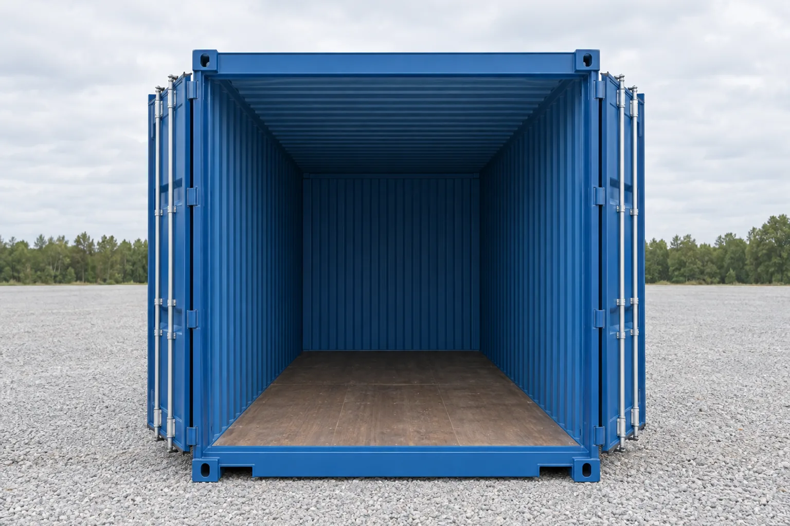 Ilustración de un contenedor de 20 pies estándar azul visto de frente, con las dos puertas abiertas mostrando un interior vacío con suelo de madera. Medidas indicadas: ancho de apertura de puerta 2,34 m, altura de apertura de puerta 2,29 m