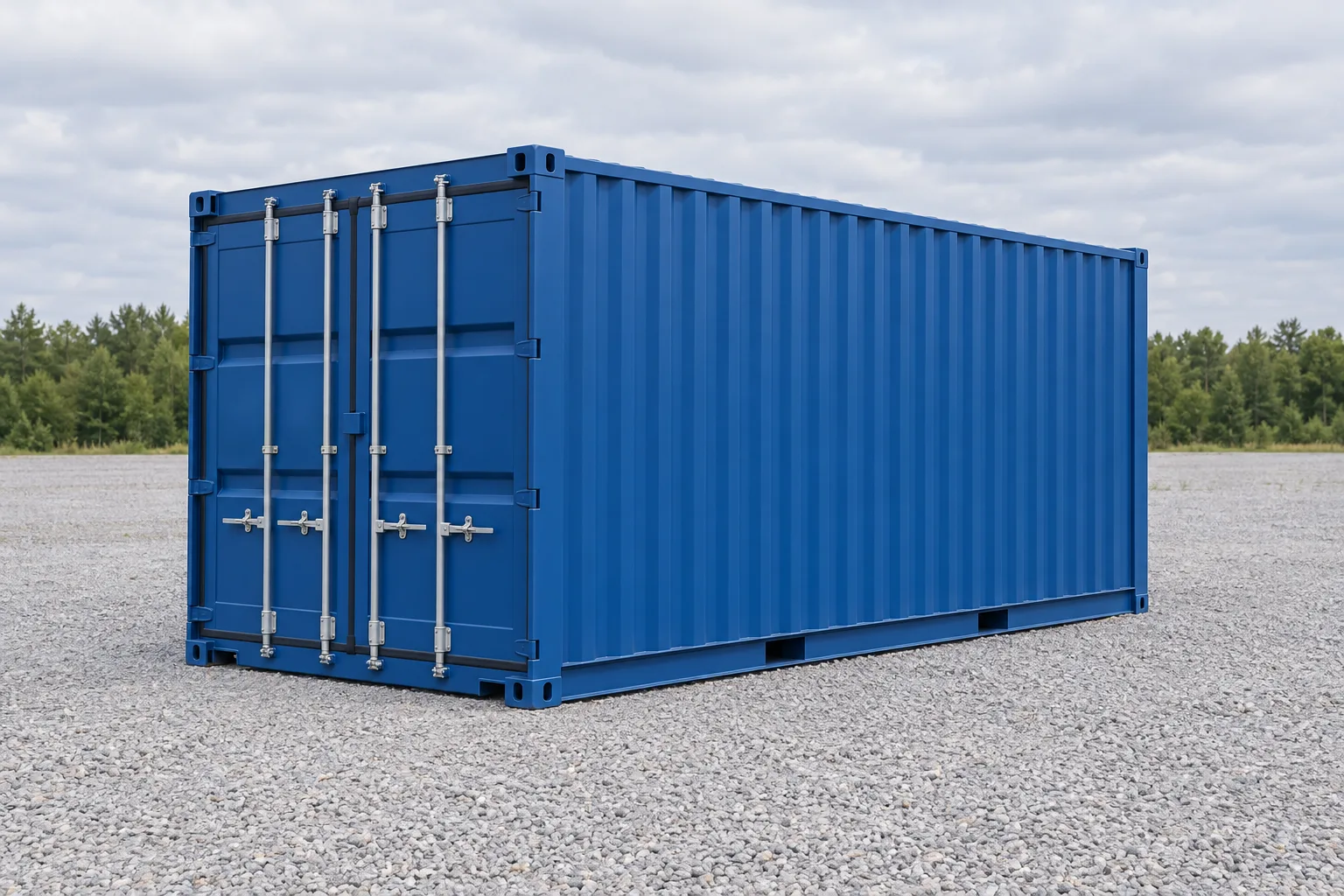 Ilustración de un contenedor marítimo de 20 pies estándar azul visto de tres cuartos, con las puertas cerradas, colocado sobre un patio de grava. Medidas indicadas: altura 2,59 m, ancho 2,44 m, longitud 6,06 m