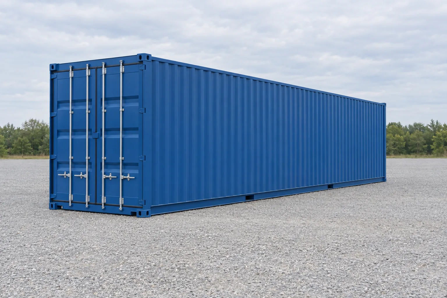 Ilustración de un contenedor marítimo de 40 pies High Cube azul, más alto que un contenedor estándar, visto de tres cuartos, con las puertas cerradas. Medidas indicadas: altura 2,90 m, longitud 12,19 m