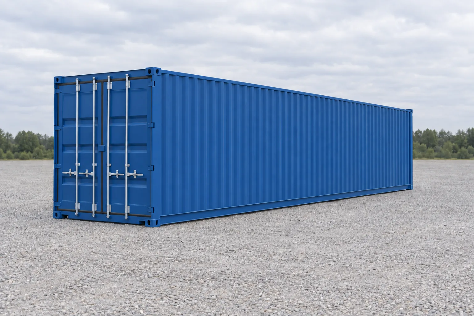 Ilustración de un contenedor marítimo de 40 pies estándar azul visto de tres cuartos, con las puertas cerradas y el lateral largo de chapa ondulada. Medidas indicadas: altura 2,59 m, ancho 2,44 m, longitud 12,19 m